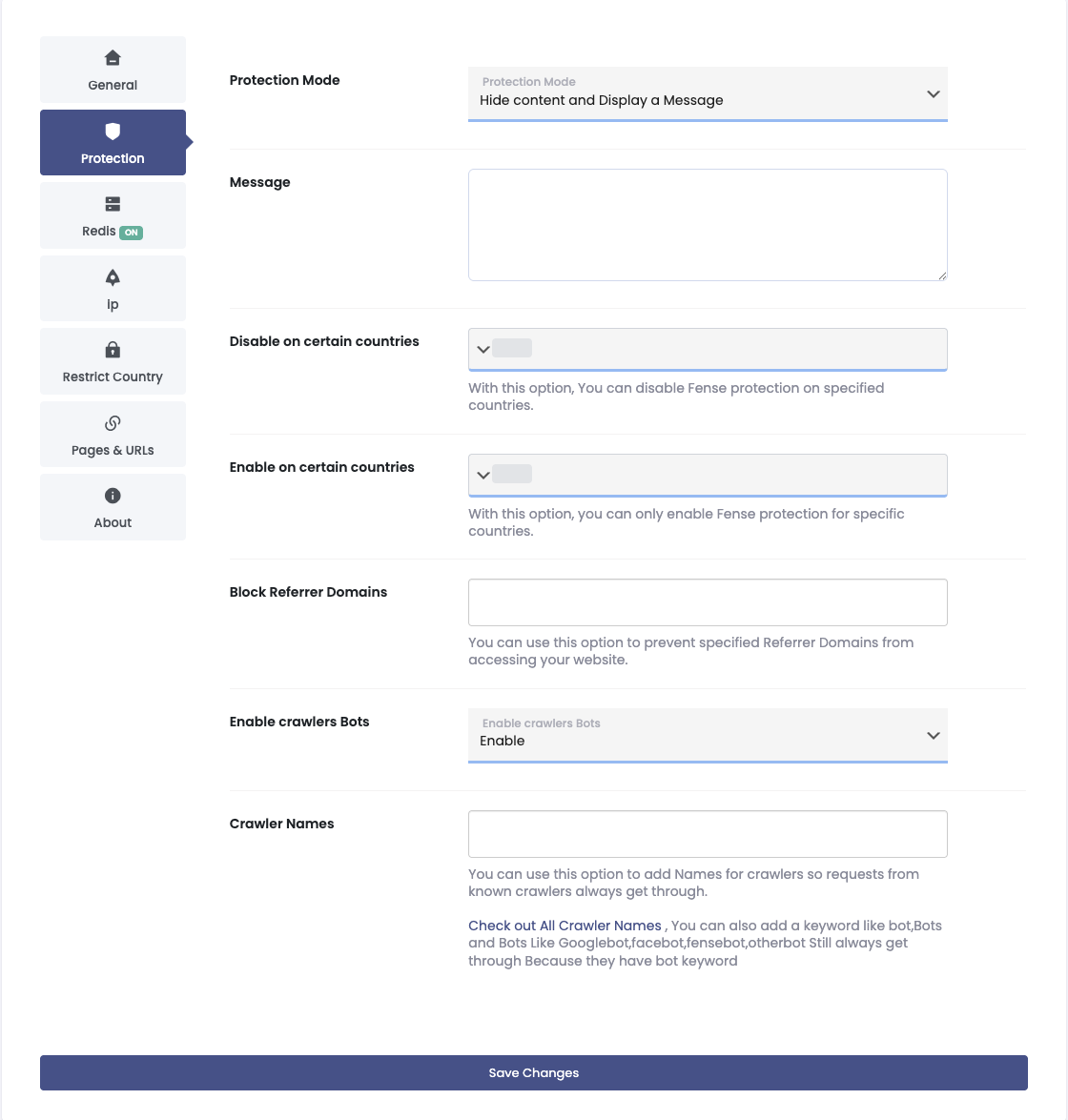 Fense Protection Settings