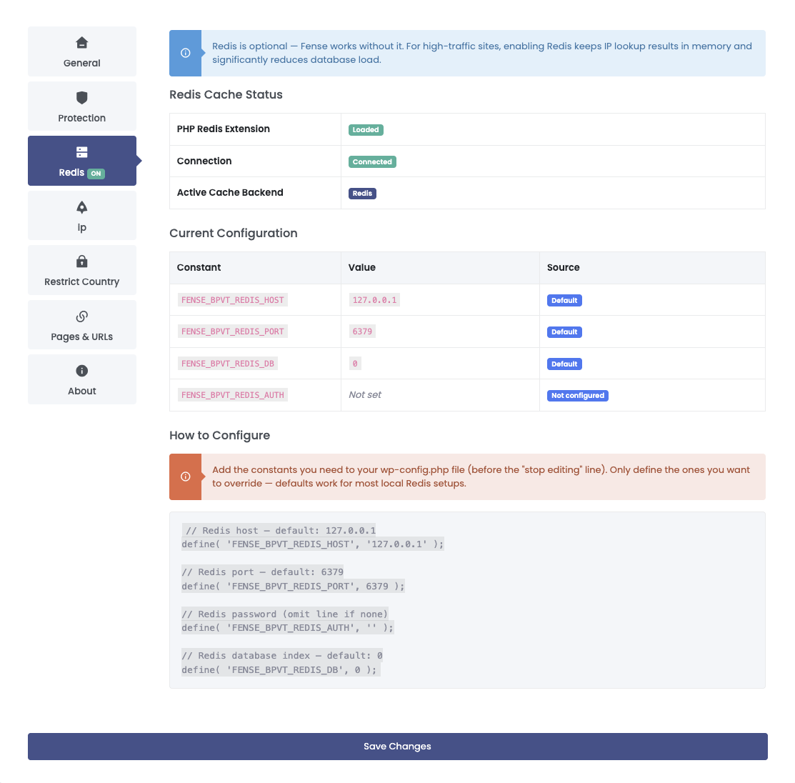 Fense Redis Settings